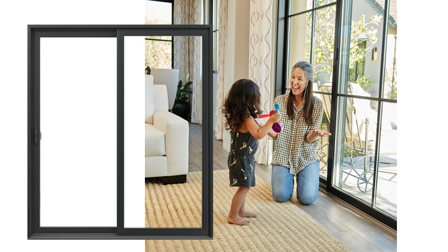 woman and child in from of black framed andersen gliding patio doors
